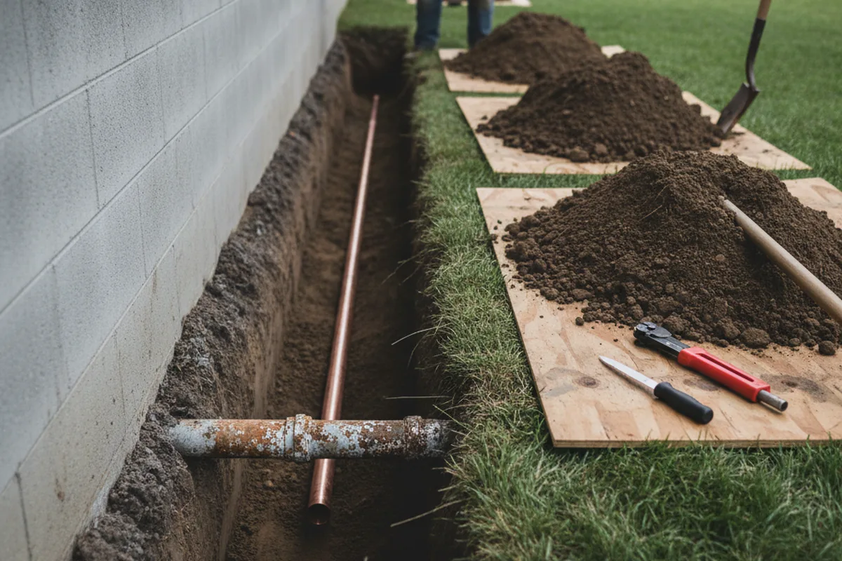 Excavated water line trench during Water Heater Repair in Brookville